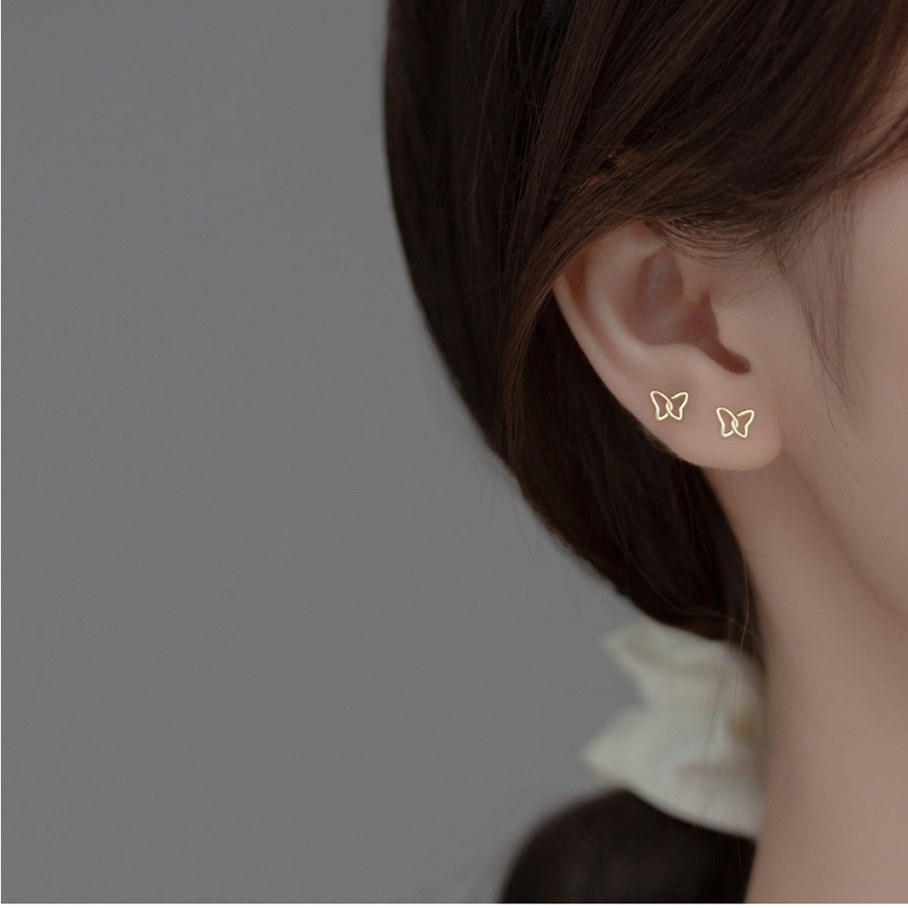 Silver & Gold Butterfly Dainty Minimalist Stud Post Earrings - Picture 3 of 7